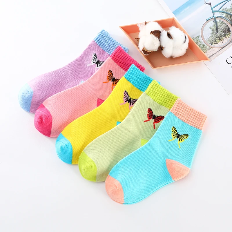 Calcetines de algod&oacute;n con estampado de mariposas para ni&ntilde;a, medias de colores pastel, de 1 a 16 a&ntilde;os, 5 par/lote-2