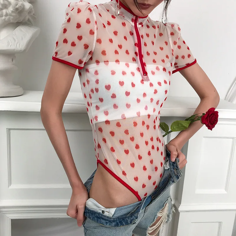 Shestyle Heart Print Zip Short Sleeve Bodysuits Women 2020 Spring Summer Mesh Hollow Out Patchwork See Through Sexy Body Suit | Женская