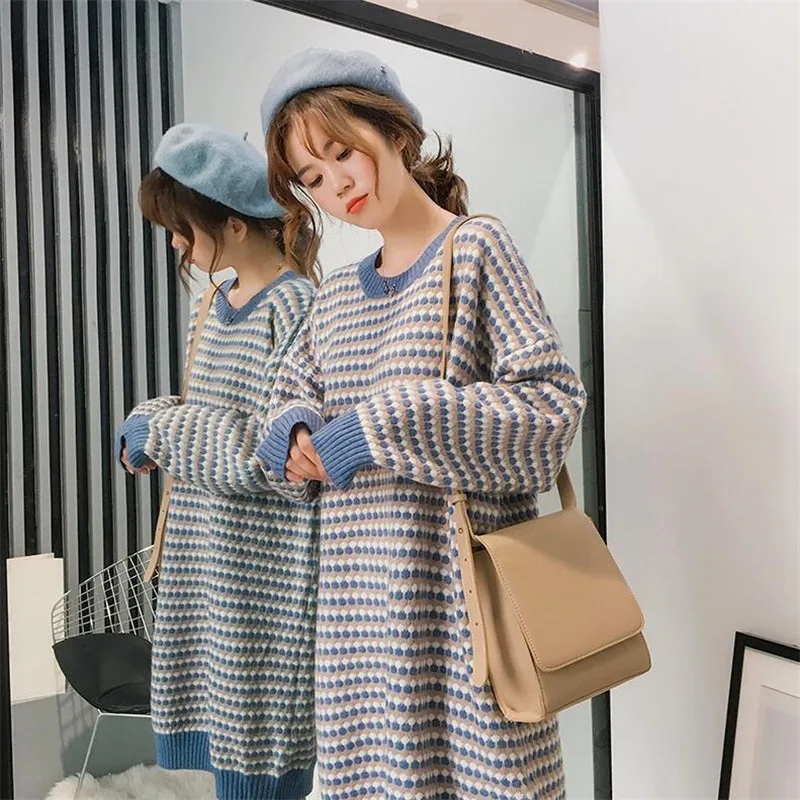 autumn and winter long sweater women's head over the knee loose Korean retro style new knit dress bottoming shirt