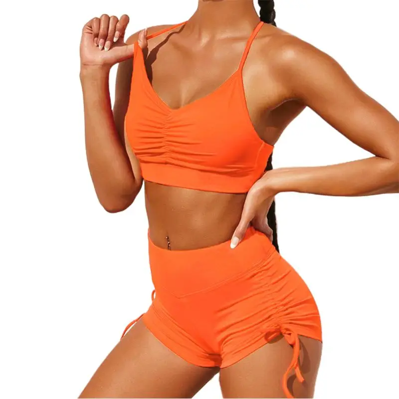 

Female 2 Pieces Tracksuit Halter Crop Top Ruched Drawstring Shorts Activewear 875B