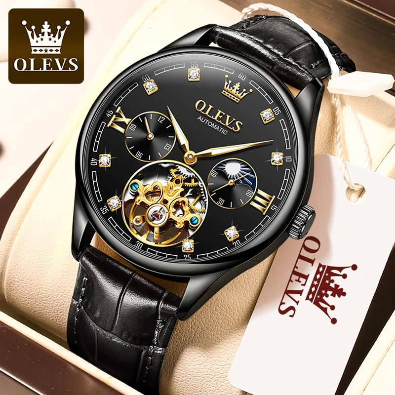 OLEVS New Men's Luxury Automatic Mechanical Watch Fashion Black Leather Strap Luminous Waterproof Clock Tourbillon Watch 3601