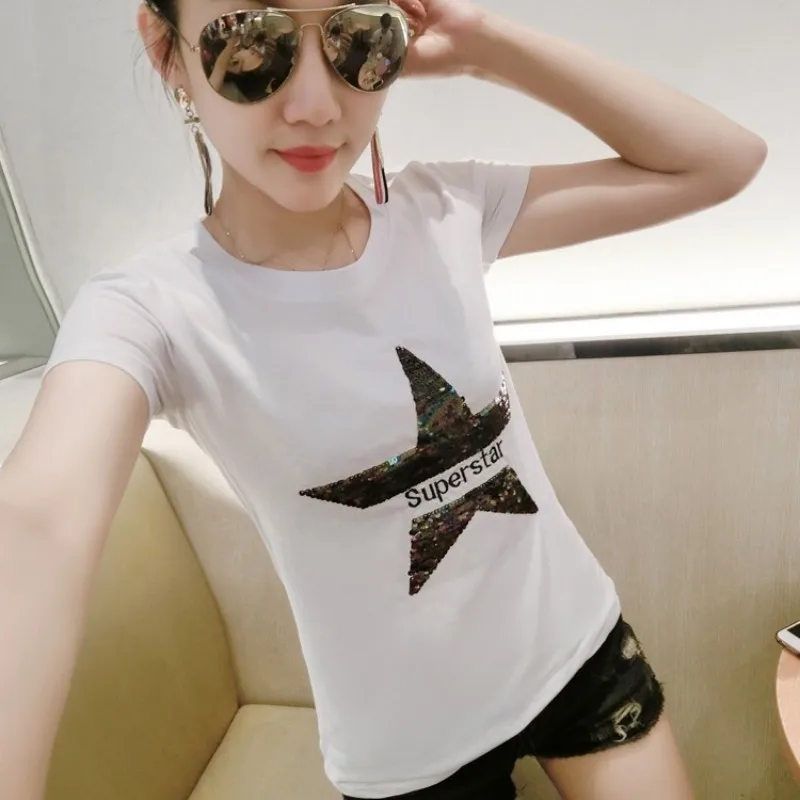 Пуловер женский облегающий с коротким рукавом круглым вырезом со звездами и