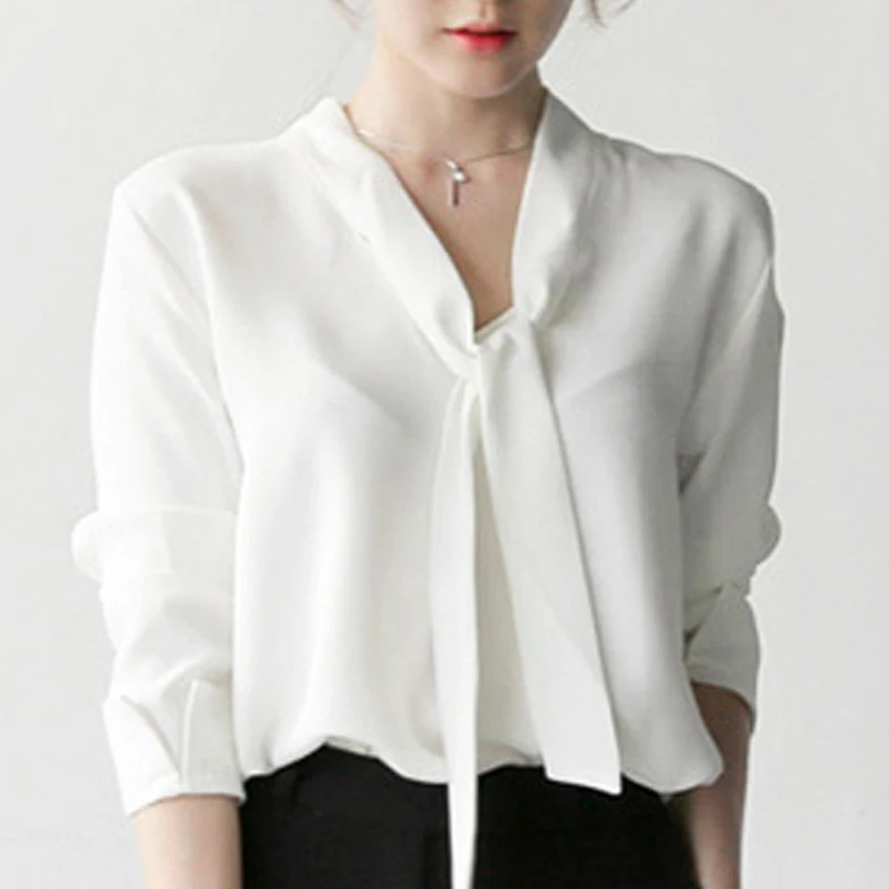 Осень 2019 шифоновая женская повседневная блузка с рукавом длинным v-образным