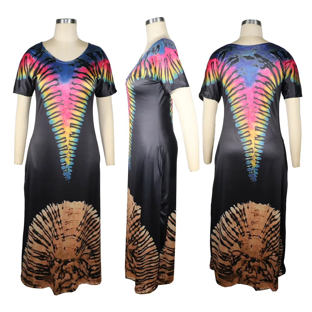 

National Print Vintage Floor Length Dress for Women Casual Deep V Neck Short Sleeve Bohemian Dress Summer Holiday Vacation Dress