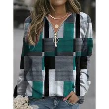2021 Fall/winter New Style Jacket Ladies Plaid Sweater Jacket V-neck Zipper Long-sleeved T-shirt Ladies Casual Pullover Sweater