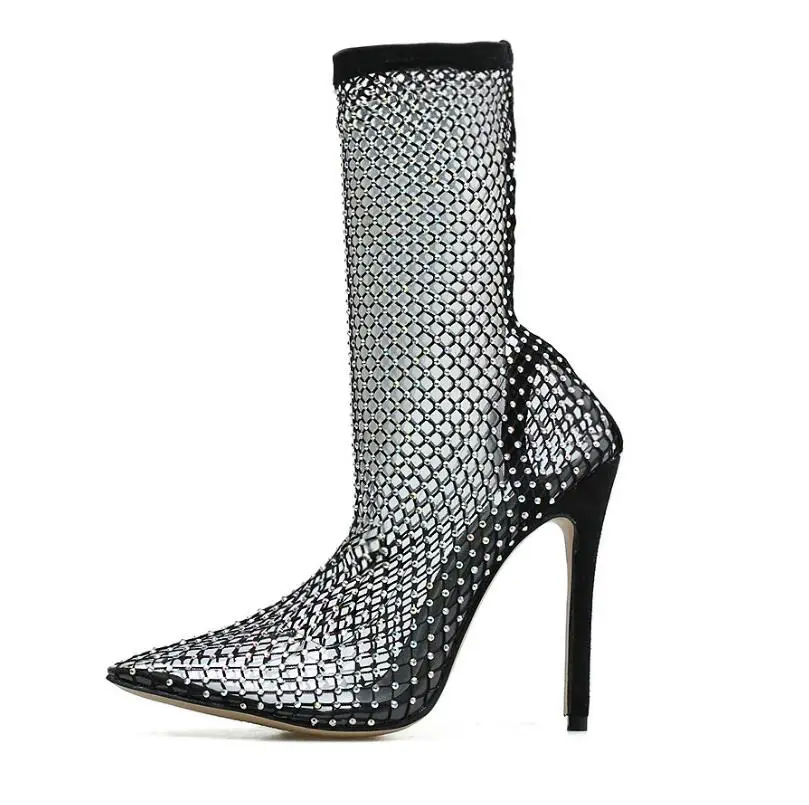 Новинка Сезон весна Сапоги из сетчатого материала с украшением в виде кристаллов