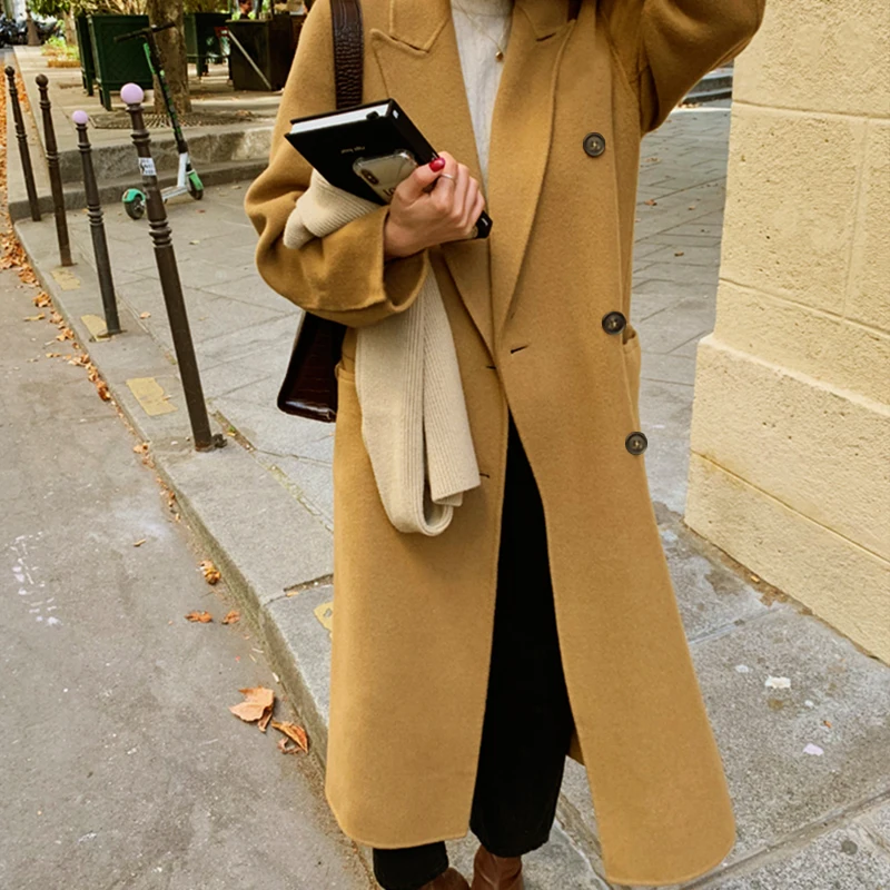 

Женское Однотонное шерстяное пальто с поясом, элегантное Свободное пальто с длинным рукавом «летучая мышь» и карманами, верхняя одежда для ...