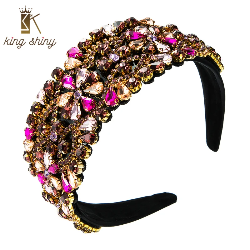 

King Shiny Luxury Baroque Crystal Flower Headband Gorgeous Multi Color Geometric Gem Diamond Beaded Hairband Girls Tiara Crowns