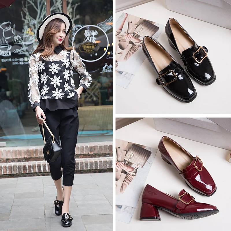 

Big Size British Women Loafers Patent Leather Square Toe High Block Heel Pumps Casual Office Dress Retro Ladies Buckle Moccasins
