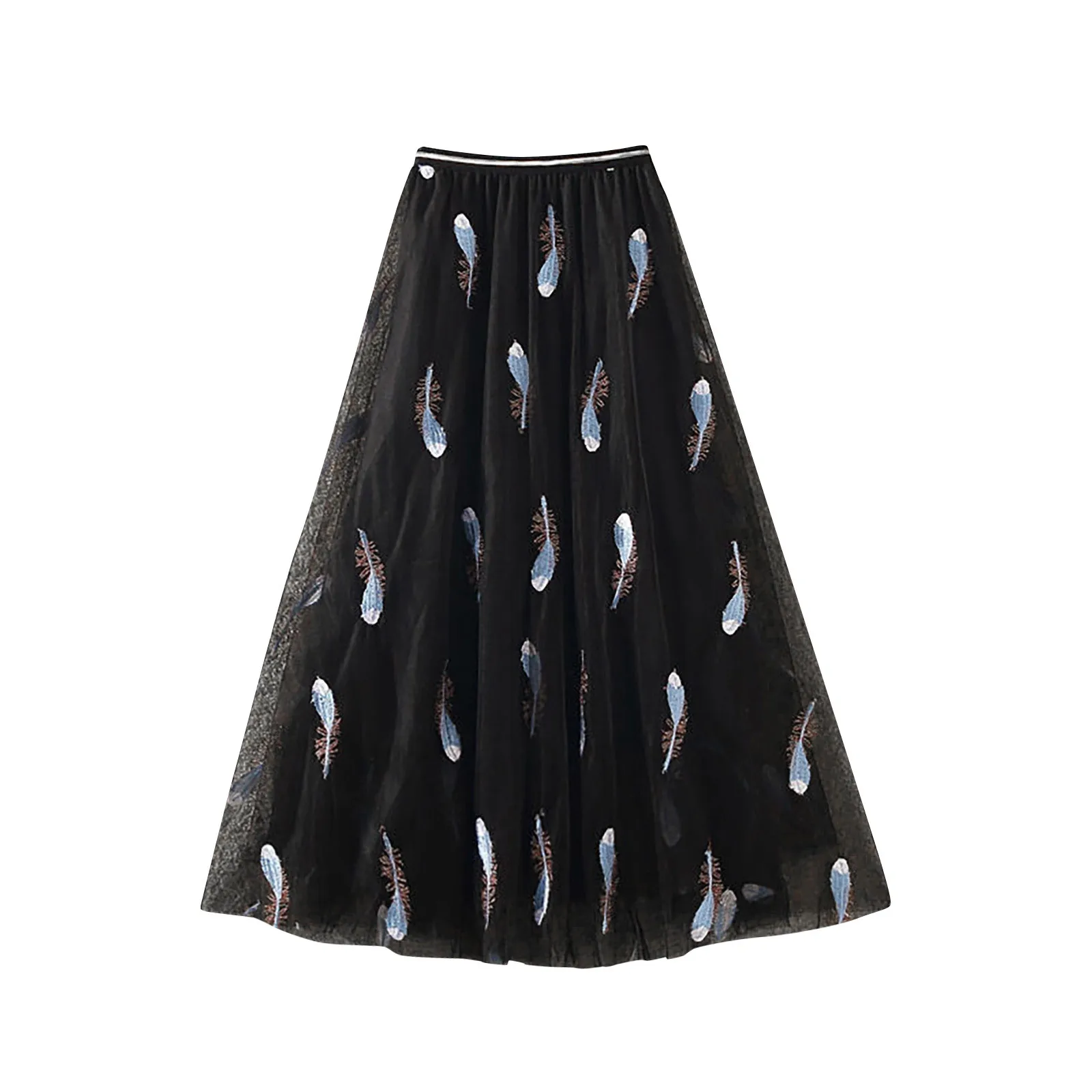 

New Summer Spring Women Printing Elastic High Waist Long Skirt Vintage Mesh Gauze Skirt For Lady Korean Sweet Style Harajuku #04