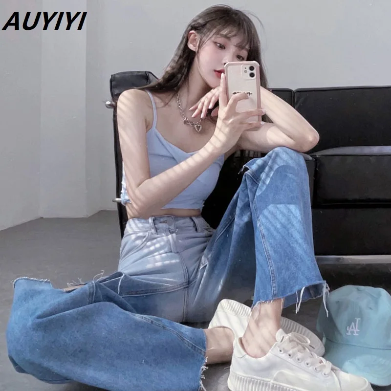 

AUYIYI 2021 New Fashion Hole Gradient High Waist All-Match Casual Loose Drape Retro Beggar Wide leg Pants Mopping Pants