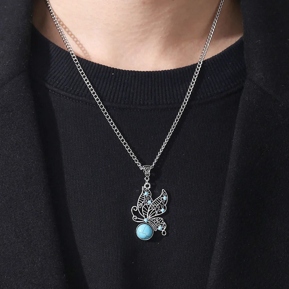 Модное Трендовое ожерелье в богемном стиле с бирюзовым кулоном-бабочкой