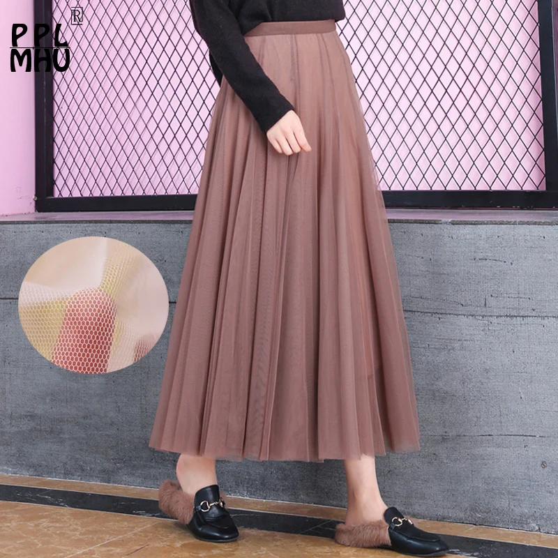Tulle Skirts Womens Midi Pleated Skirt Black Pink Elastic High Waist Korean 2019 New Spring Summer Vintage Mesh Tutu | Женская одежда