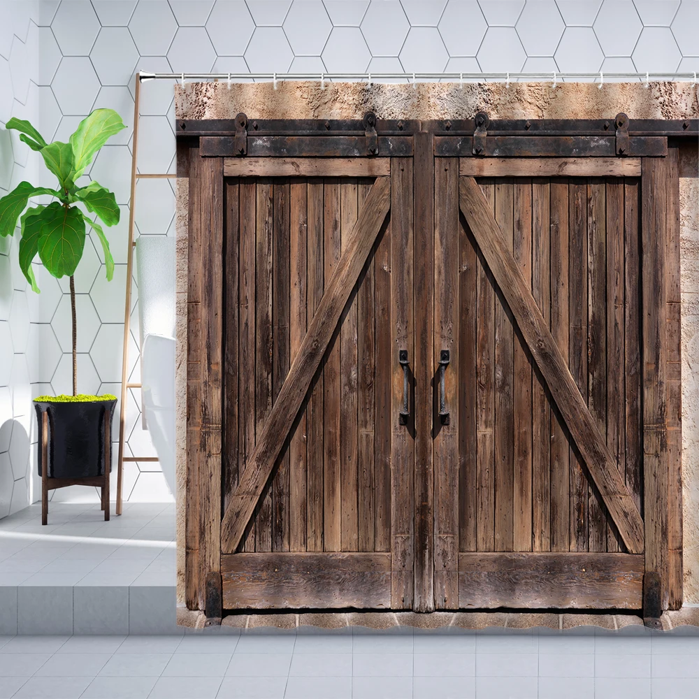 retro old wooden door shower curtain vintage flower window farmhouse barn shutters wall decor bathroom hanging curtains set hook free global shipping