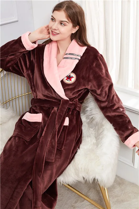 

Plus Size Casual Sleepwear Coral Fleece Female Kimono Robe Gown Sexy Winter Thicken Bathrobe Ultra Long Nightgown Negligee