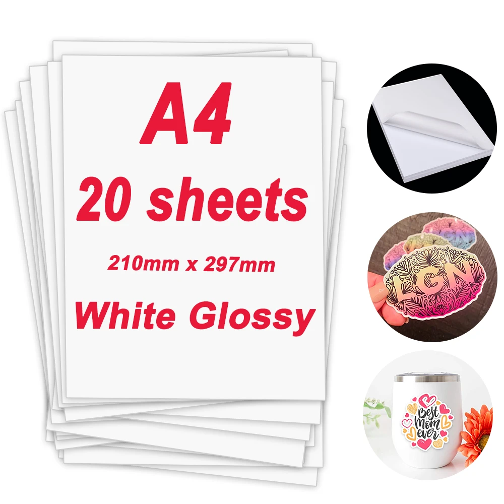

Unismar 20 Sheets Glossy A4 Printable Vinyl Sticker Paper Waterproof 210*297mm Self-adhesive Label Sticker for Inkjet Printer