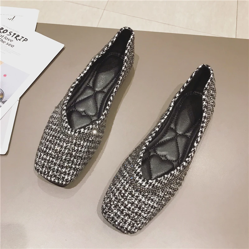 Балетки женские с пайетками холщовые туфли на плоской подошве квадратный носок