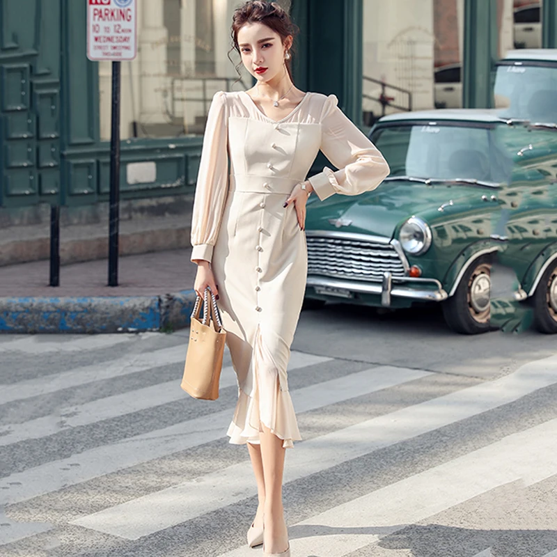 

Платье-Русалка Женское шифоновое, с V-образным вырезом и пышными рукавами, в стиле ретро, 2020