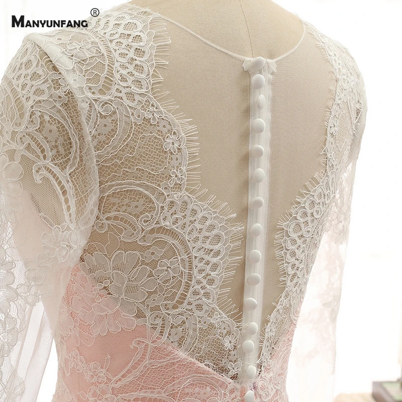 

2021 New Arrival Court Train Full Sleeve Embroidery Appliques Tulle Bridal Ball Gown Elegant V-Neck Button Back Wedding Dress