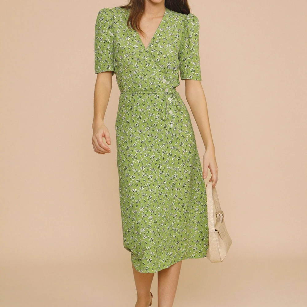 

Платье женское средней длины из 100% вискозы с цветочным принтом, с V-образным вырезом и коротким рукавом, на шнуровке, новинка 2021