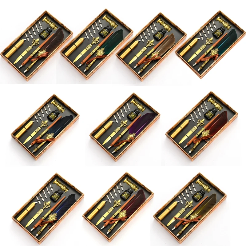 

Vintage Quill Feather Dip Pen Fountain Writing Ink 5 Nibs Seal Wax Gift Box Calligraphy Stationery School Supplies