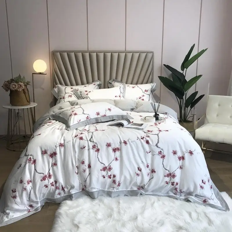 

48Silky Soft Luxury 800TC Tencel Silk Colorful Floral Leaves Bedding Queen King Size 4Pcs Duvet Cover Bed Sheets set Pillowcase