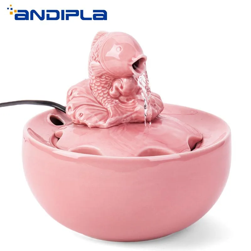 

110V/220V Pink Ceramic Water Fountain Lucky Fish Waterscape Decoration Desktop Feng Shui Crafts Home Ornaments Creative Gift