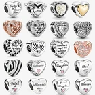 Подвески из серебра 925 пробы, блестящие золотые бусины в форме сердца подходят для оригинальных браслетов Pandora для женщин