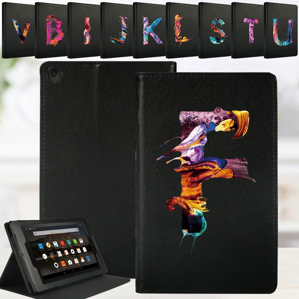 

Folding Tablet Case for Amazon Fire 7/HD 8/D 10 High Quality Painting Letter Series Anti-fall Leather Stand Cover Case + Stylus