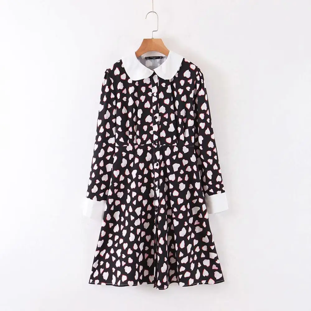 Новинка 2020 женское повседневное тонкое платье с длинным рукавом и принтом сердец