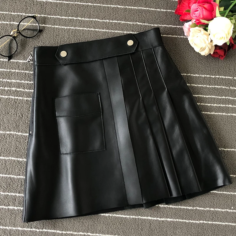 

New brand design high quality women's leather skirts 2019 Fall/winter high-waist real leather pleated skirts A861
