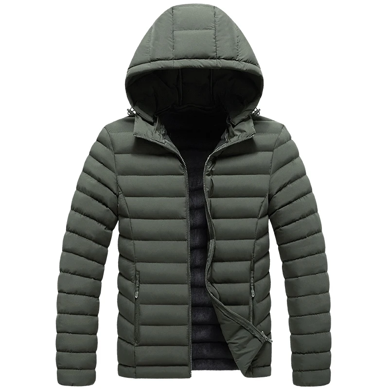 Autumn And Winter New Men'S Plush Warm Fashion Leisure Solid Color Ribs Strip Hooded Zipper Cotton Jacket Coat