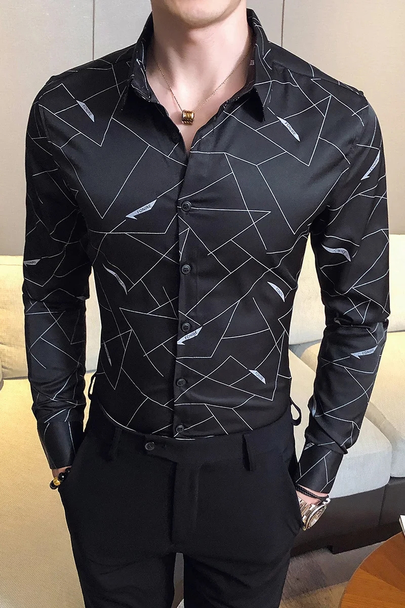 

Black/White 2021 New Spring Shirts Men Long Sleeve Fashion Digital Print Slim Fit Club Tuxedo Dress Formal Wear Blouse Homme 3XL