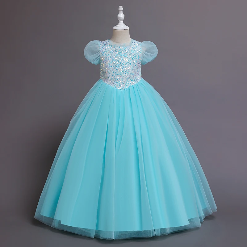 Girls princess dress short sleeve rainbow color elegant wedding party opening celebration puff skirt long sleeveless dress 2021