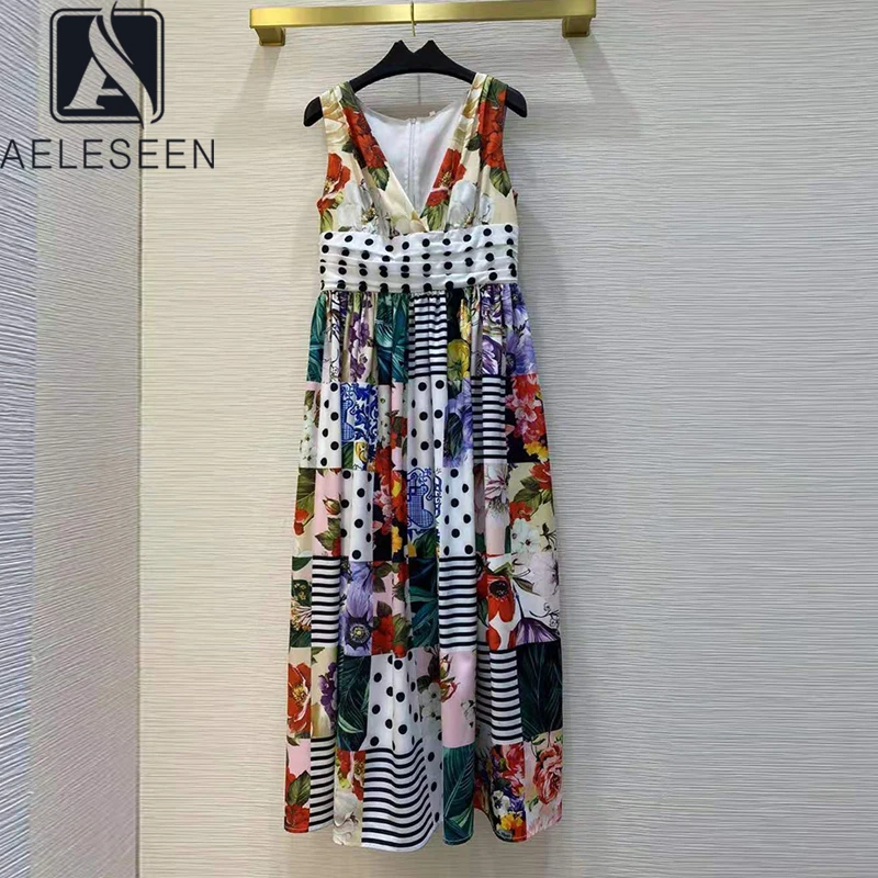 

AELESEEN Bohemain Summer Dress Women Sleeveless Runway Fashion V-Neck Dots Flower Porcelain Print Long Holiday Dress
