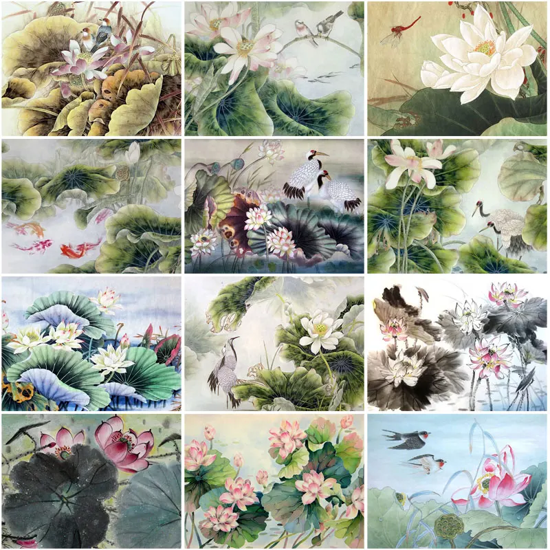 Lotus Flower Diy Paint Diamond Arts Tranditional Chinese Jewel Cross Stitch Watercolor Mosaic Arts and Crafts Handmade