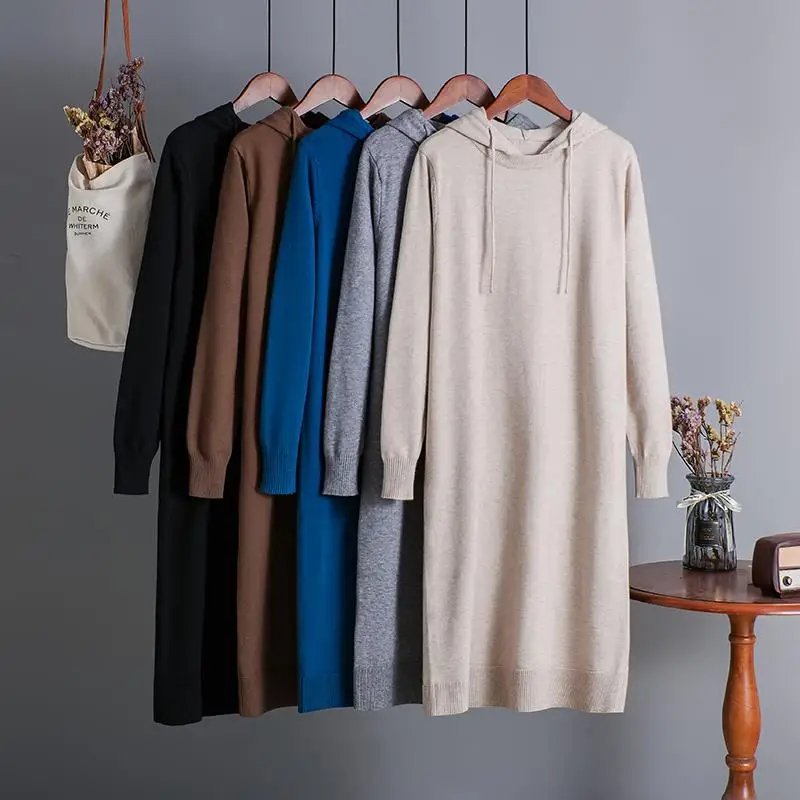 

2020 casual hooded maix dress women straight Sweater Dress autumn Winter loose Long thick Dress female oversize girl Knit Dress