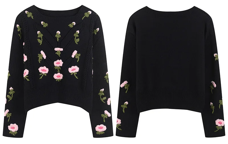 Женский укороченный свитер с цветочной вышивкой вязанный крючком пуловер