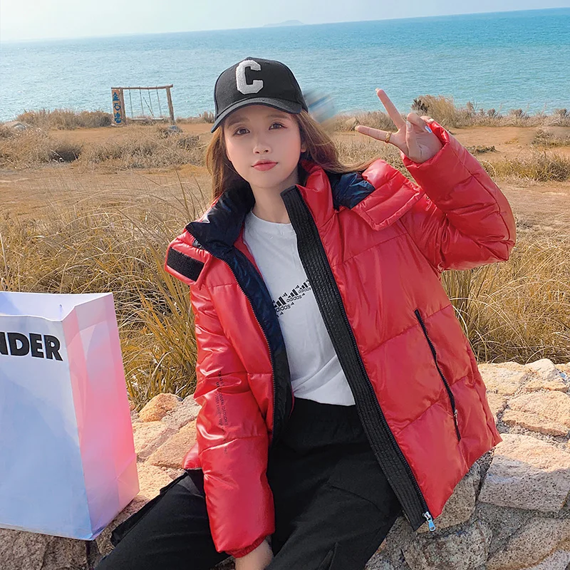 Winter Bright Silver Short Padded Jacket Women Hooded Parker Korean Clothing Casual Loose Coat Female Outwear