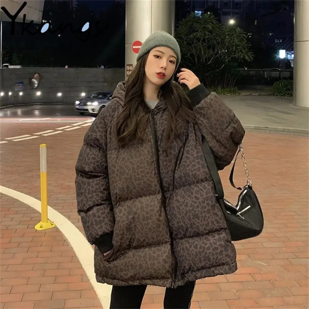 

Винтажная теплая Женская парка на молнии с леопардовым принтом, зимняя свободная хлопковая одежда для студентов, утепленная уличная куртка...