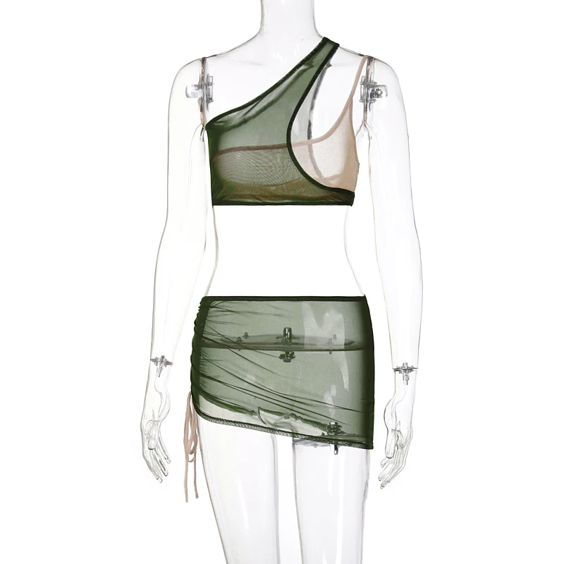 

Mesh Patchwork Women Sheer 2 Piece Set Drawstring Ruched Bodycon Sexy One Shoulder Crop Top Mini Skirt 2021 Summer Club