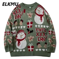 elkmu christmas sweater knitted pullovers streetwear harajuku ugly sweaters snowman pattern autumn green knitwear jumper hm606