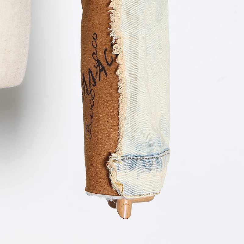 

SISPELL Print Letters For Female Woolen Coat Lapel Collar Long Sleeve Patchwork Denim Hit Color Women's Casual Coat 2020 Fashion