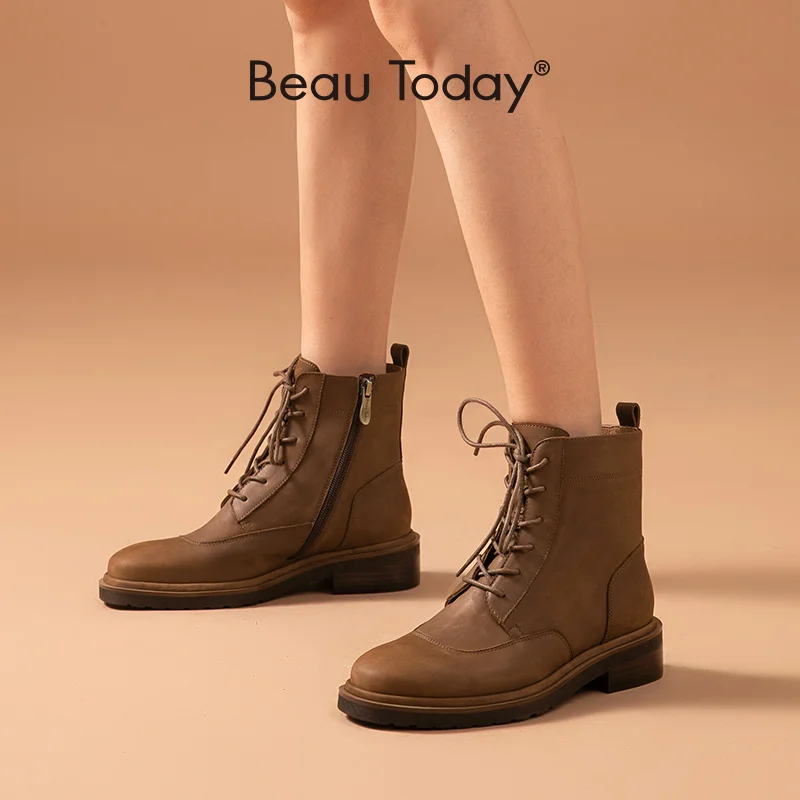 

BeauToday Ankle Boots Women Cow Leather Square Toe Lace-Up Side Zip Vintage Ladies Shoes Handmade 03839