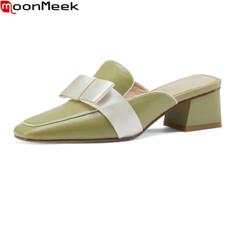 

MoonMeek 2021 New Arrival Women Slippers Genuine Leather Casual Single Shoes Summer Fashion Bowknot Ladies Mules Shoes