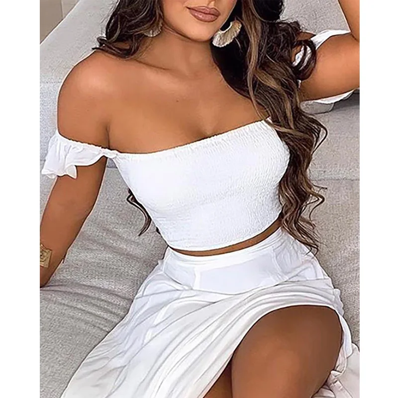 

Solid Women Two Pieces Dress Sexy Off Shoulder Ruffles Top & Thigh Slit Skirt Sets