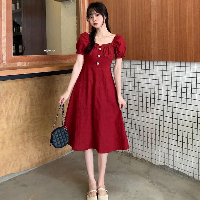 

Женское повседневное длинное платье, офисное облегающее платье-футляр на пуговицах с квадратным воротником и короткими рукавами-фонарикам...