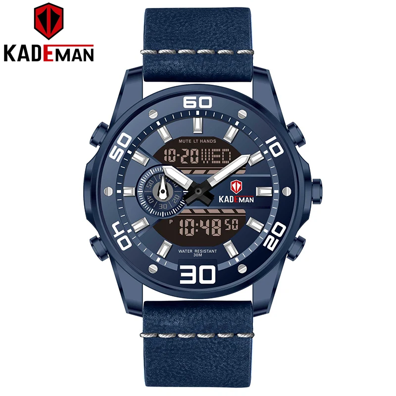 6156G-BE-BE-BE KADEMAN новые спортивные часы для мужчин Роскошные мировое время повседневные кожаные часы 3ATM светодиодный дисплей наручные часы Лидирующий бренд военные часы Relogio - Цвет: 6156G-BE-BE-BE