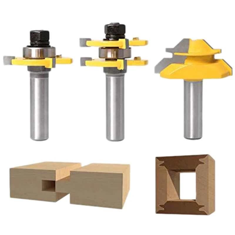 

3Pcs Wood Milling Cutter Woodworking Tool 45 degree Lock Mitre Glue Joint Router Bit Router Bit Set 3 Teeth T Shape