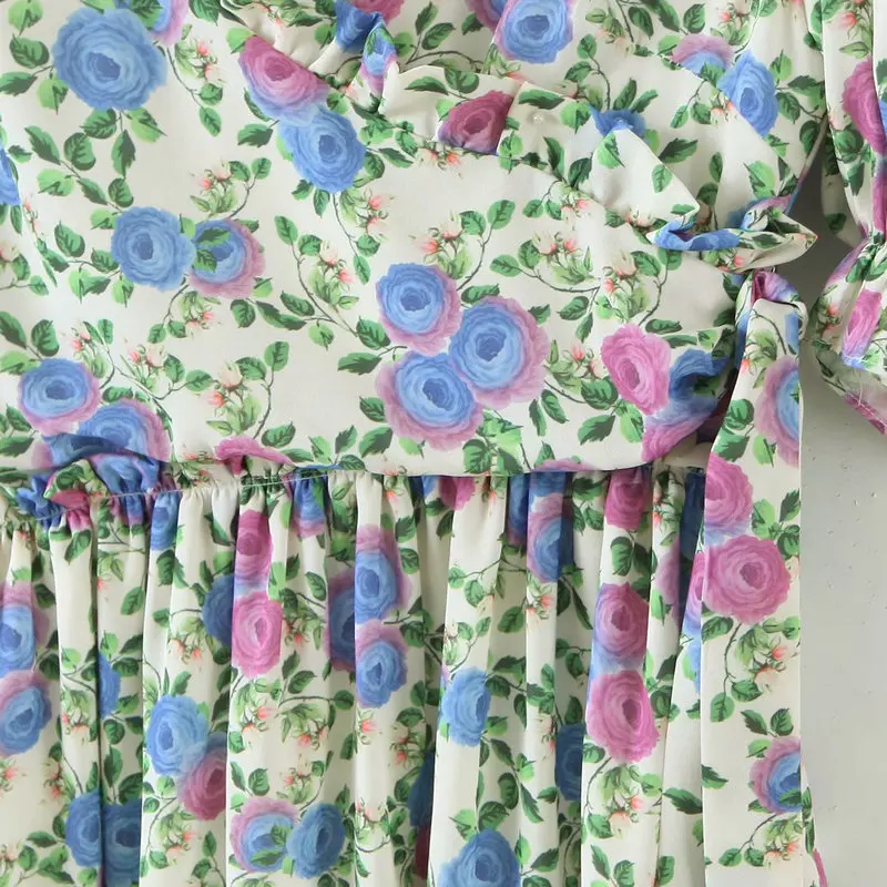 

Women Summer Green Floral Chiffon Dresses Holiday Puff Short Sleeve V-Neck Back Lace Up Design Wrap One Piece Mini Length Robe